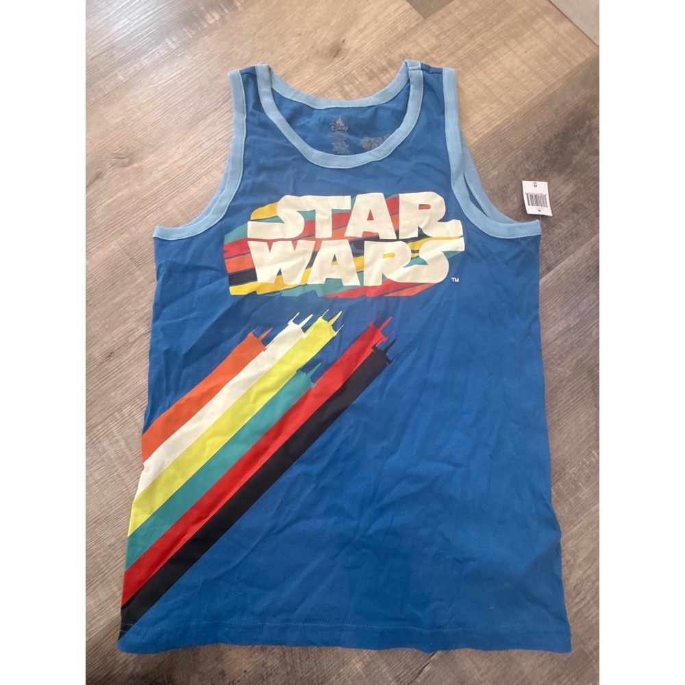Disney Parks Star Wars Retro Rainbow Graphic Blue Ringer‎ Tank Top Mens XS New